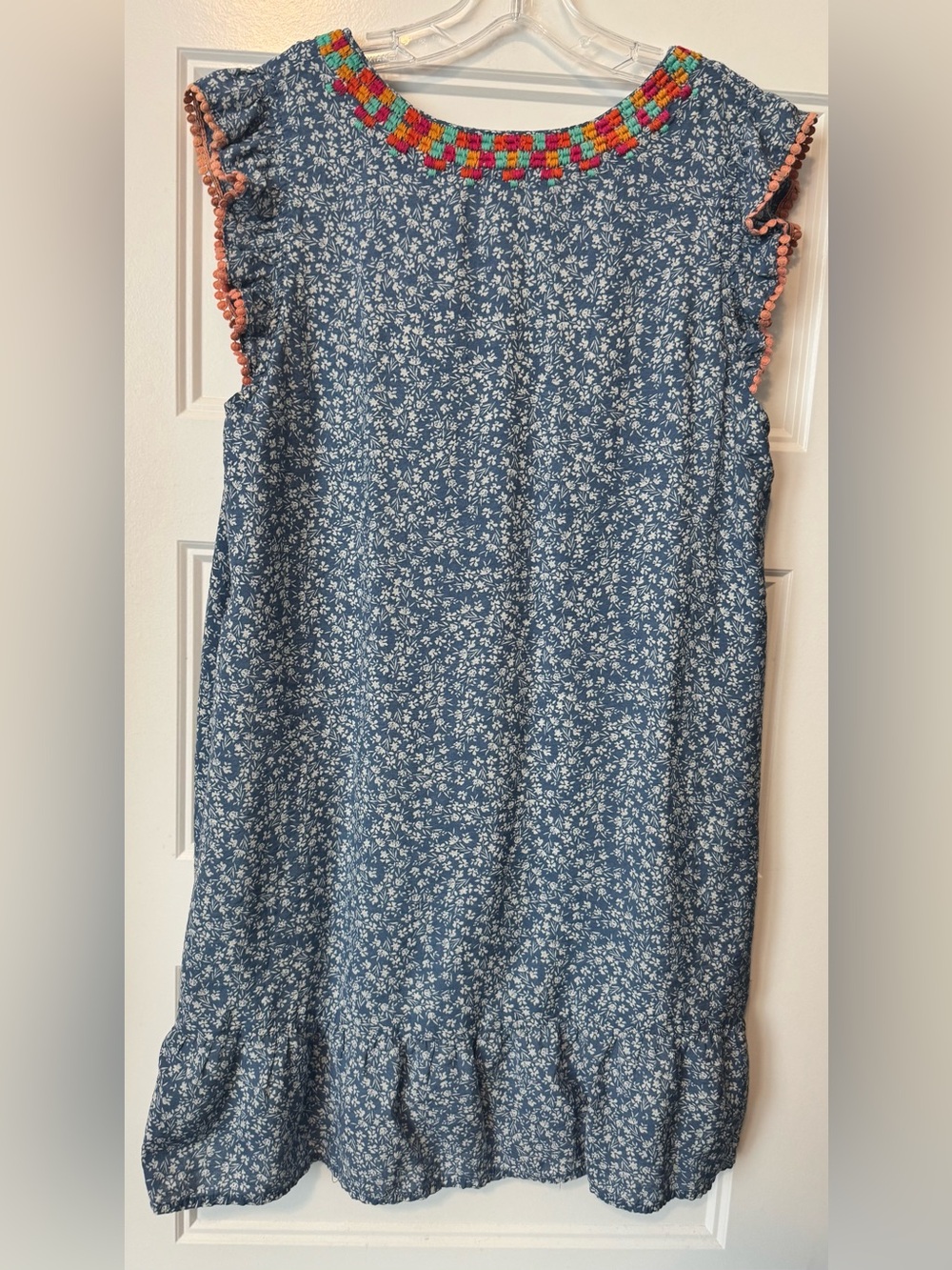 THML Blue Floral Embroidered Pom Pom Boho Dress XL - Picture 5 of 5